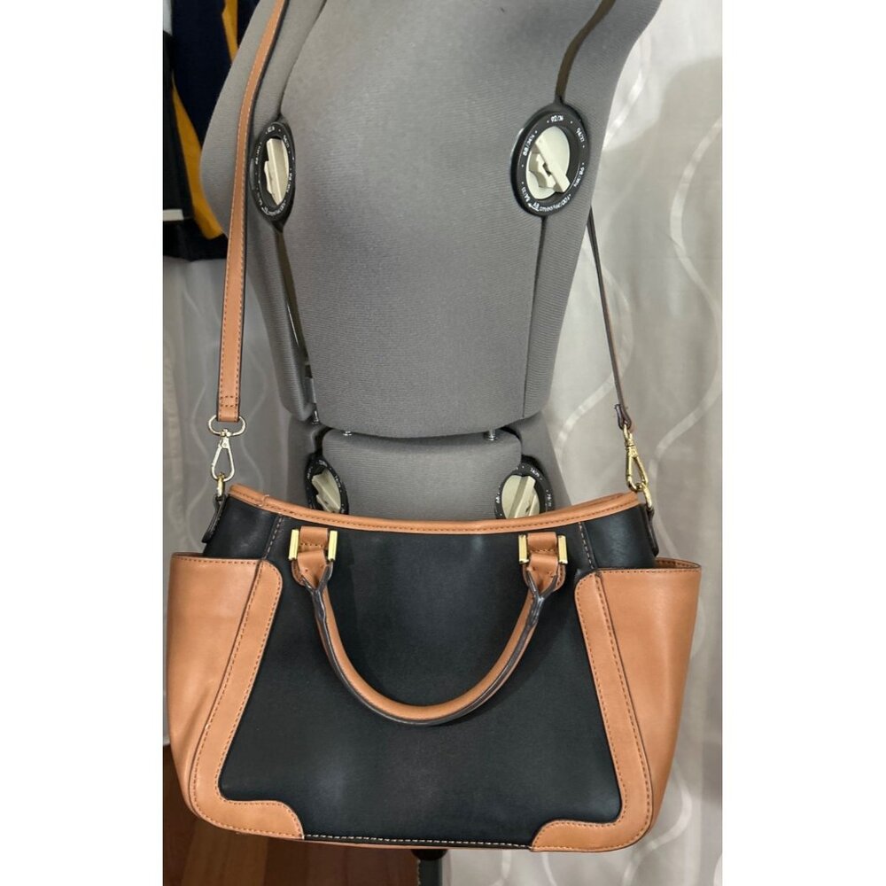 Kate Landry Black & Tan Satchel Handbag With Tassel Accent Crossbody Strap - Picture 3 of 11